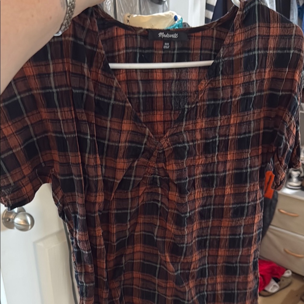 Madewell Checkered V-Neck Dress in Black and Orange